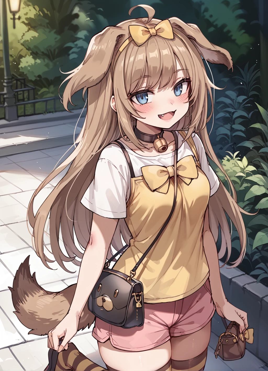 score_9,score_8,score_7_up,source_anime,1girl <lora:Butter_Pony_V1:1>,solo, brown hair, ahoge,animal ears, dog ears, blue eyes,fang, dog tail, long hair, :3,hair bow, neck bell,hairband,brown thighhighs, striped thighhighs, pink shorts, yellow bow, white t-shirt, dog handbag, blush, yellow tank top,ear bow, bowtie, (bwf, dih), open mouth,smile,