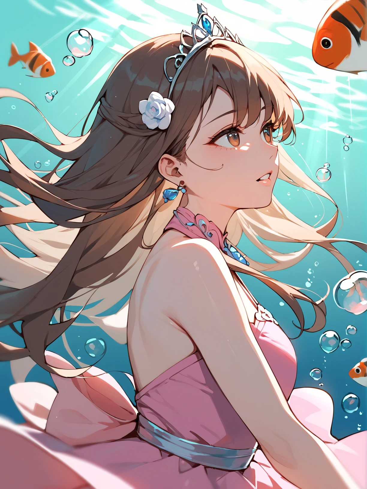 1girl, solo, long hair, brown hair, hair ornament, dress, jewelry, bare shoulders, upper body, flower, earrings, parted lips, teeth, tiara, pink dress, fish, bubble, light rays, underwater, light, sensitive,score_9,score_8_up,score_7_up,score_6_up,score_5_up,score_4_up,