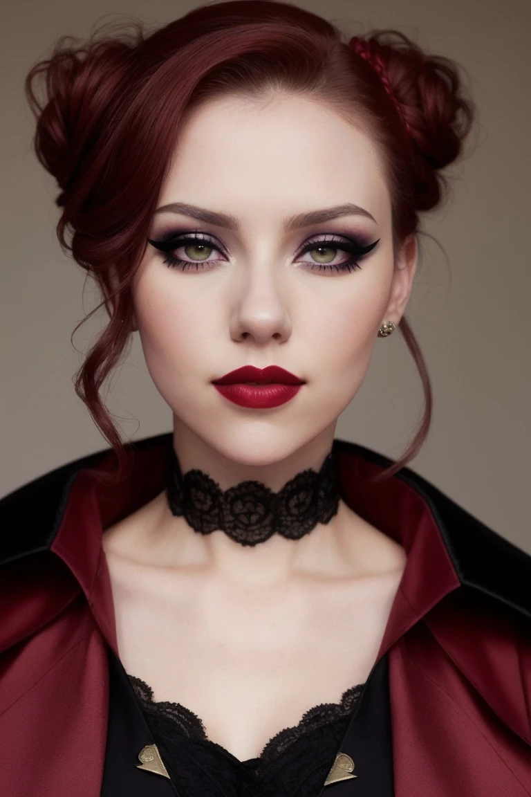 scarjo-600, ((dark red hair)),((detailed eyes, beautiful eyes, detailed face, beautiful face):1.2), ((red lipstick, blush)), , photo of a woman, ((outdoors, military cape, military uniform, military medals)), serious, ((military parade, cloudy, overcast, fancy updo, dark red hair, hair up, hair in bun)), ((dark lipstick, heavy eye shadow, heavy eyeliner, goth makeup, pale skin)), (closeup, portrait)