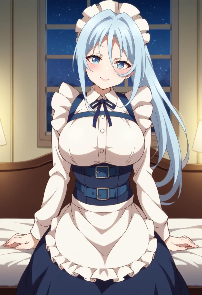 score_9, score_8_up, score_7_up, source_anime BREAK 1girl, solo, looking at viewer, cowboy shot,
<lora:SylphaDwnstyPdxl-000007:0.9>, sylpha_def, blue eyes, blue hair, long hair, ponytail, hair between eyes, light blue hair, frilled dress, multicolored clothes, long skirt, white sleeves, long sleeves, strap, waist apron, maid headdress, underbust, blue belt, blue harness, chest strap, neck ribbon,
large breasts, smile, anime coloring, skindentation, naughty face, puckered lips, blush, lips, head tilt,
indoors, bedroom, sitting, window, starry sky,
<lora:7thPrinzIsekaiDwnstyArtstyle:1>