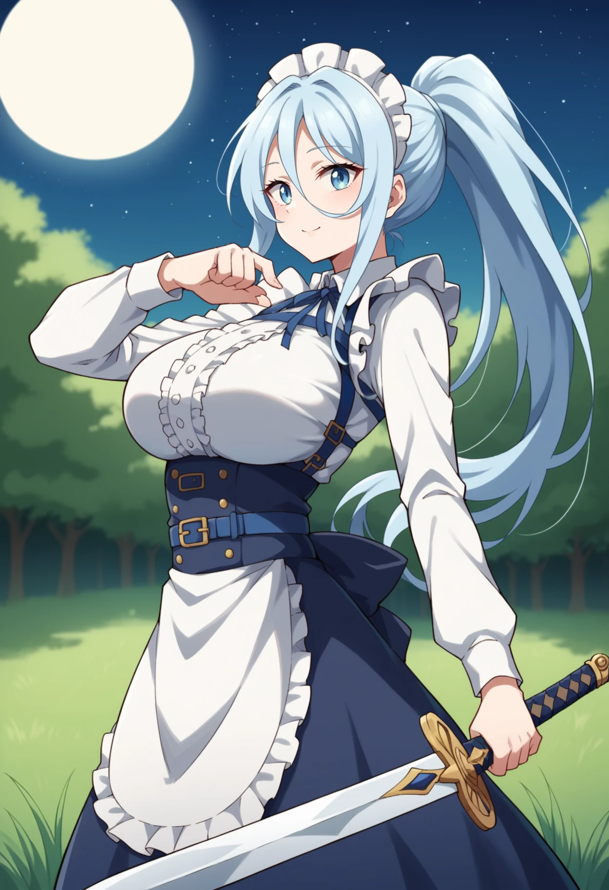 score_9, score_8_up, score_7_up, source_anime BREAK 1girl, solo, looking at viewer, cowboy shot,
<lora:SylphaDwnstyPdxl-000007:0.9>, sylpha_def, blue eyes, blue hair, long hair, ponytail, hair between eyes, light blue hair, frilled dress, multicolored clothes, long skirt, white sleeves, long sleeves, strap, waist apron, maid headdress, underbust, chest harness, blue harness, chest strap, blue belt, neck ribbon,
large breasts, smile, anime coloring, skindentation, from side, holding weapon, sword, fighting stance, from side, 
outdoors, nature, grass, starry sky, castle, moon,