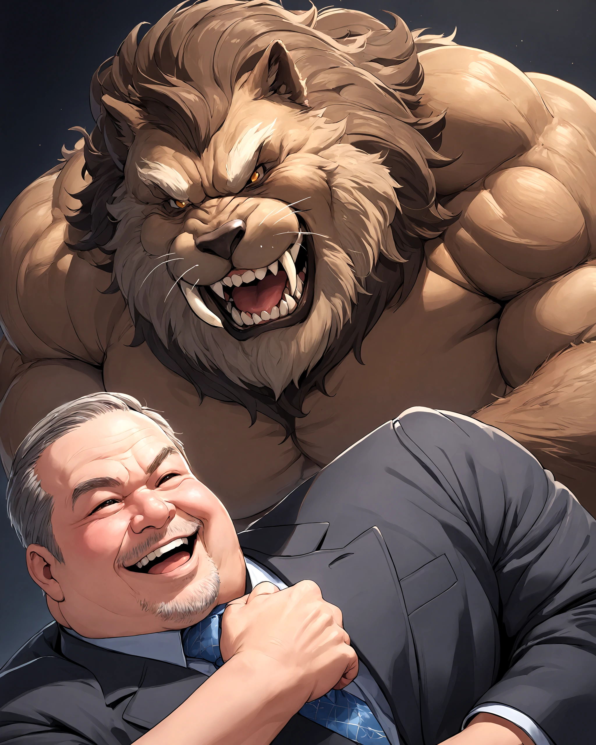 masterpiece,(high quality, best quality:1.2),smile, (man:1), mature fat man, hero, fighting beast, lips, cheek, blush, suit, I choose you!