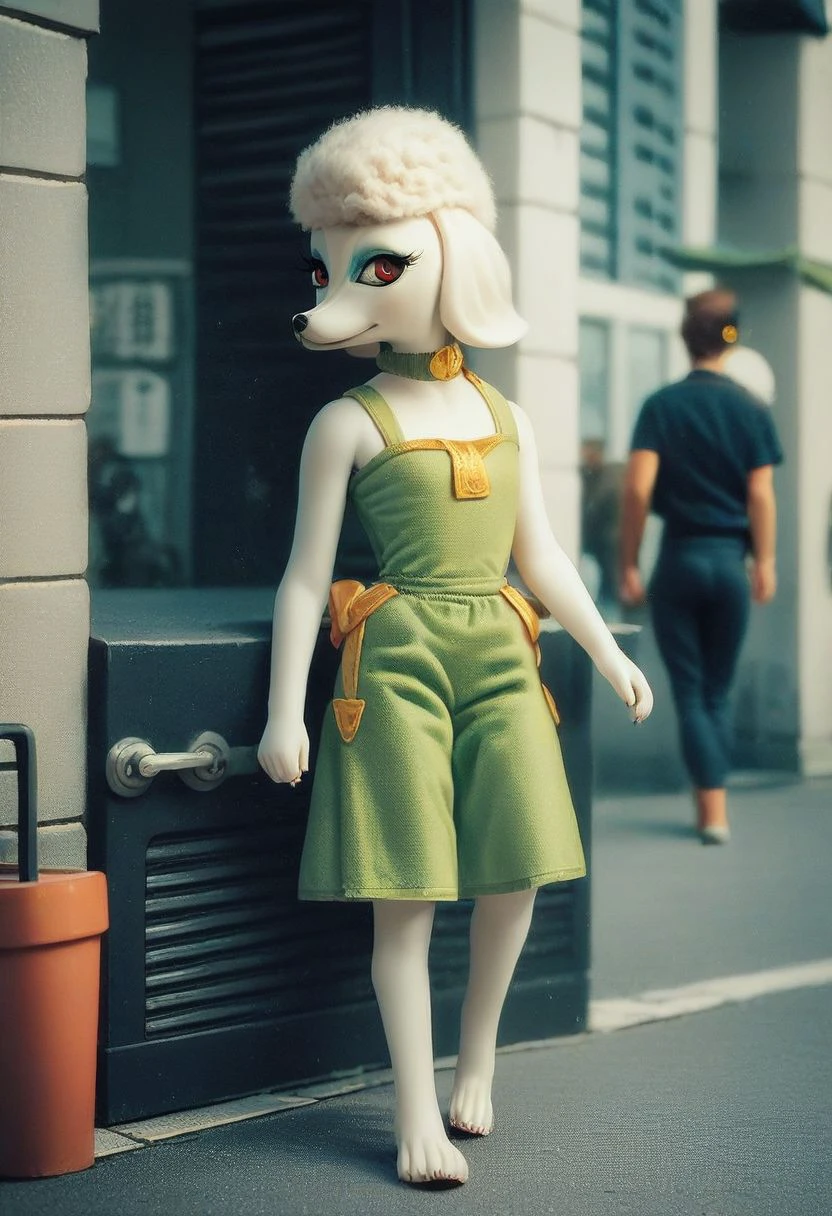 score_9_up, score_8_up, score_7_up, score_6_up, score_5_up, score_4_up, 1girl, solo, pet3na,  furry female, anthro poodle, white fur, red eyes, fashionable mod outfit, animal ears, walking down a city street, (realistic), (painted art:1.2)