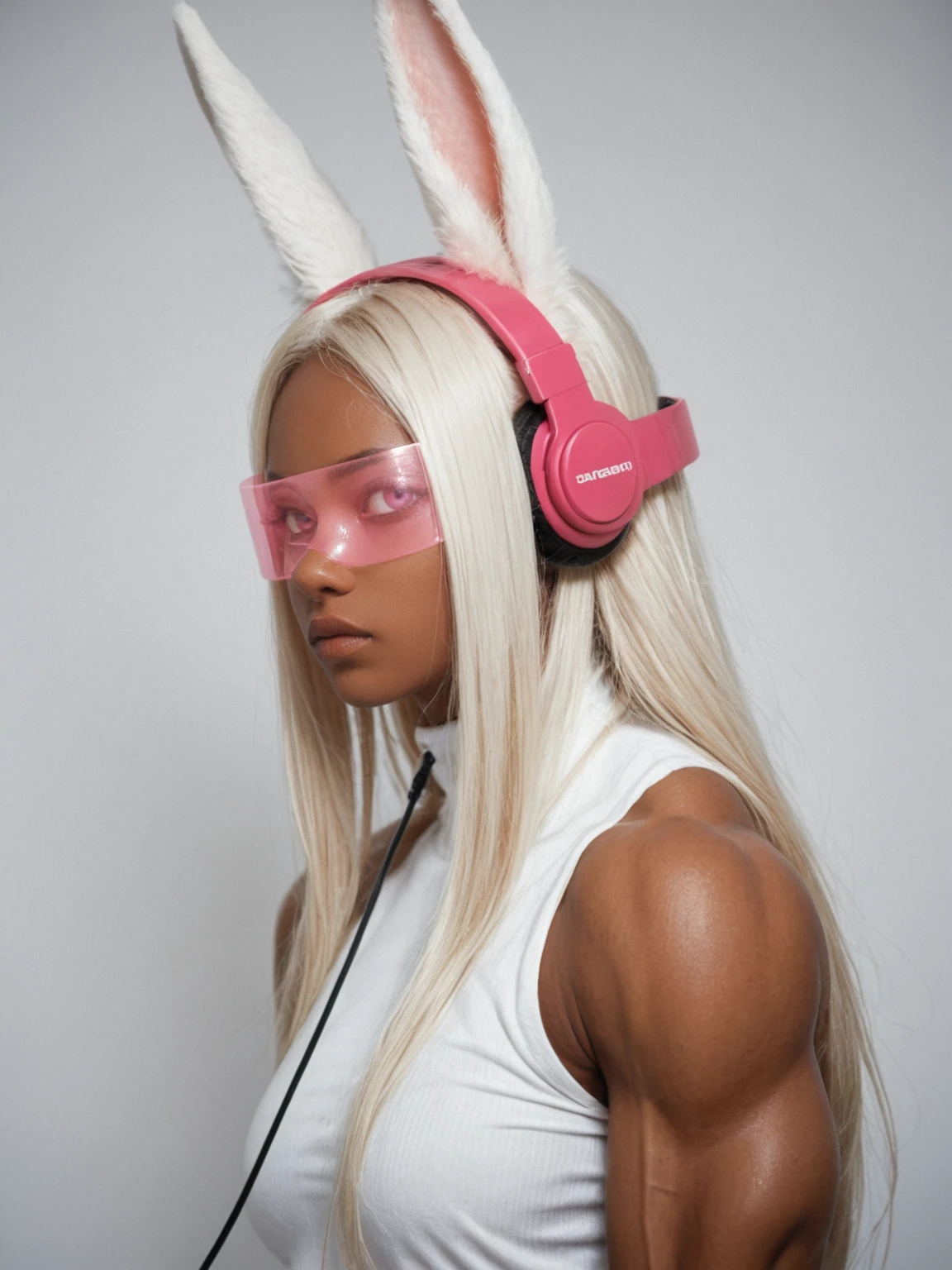 from side, 1girlrumi usagiyama, long hair, animal ears, white hair, dark skin, rabbit ears, dark-skinned female, muscular, rabbit girl, muscular female, parted bangs,expressionless,pink visor,glowing visor,headphones ,wire,standing , (empty eyes, pink eyes, no pupils),  looking at the viewer,photo, raw,realistic, score_9, score_8_up, score_7_up, score_6_up