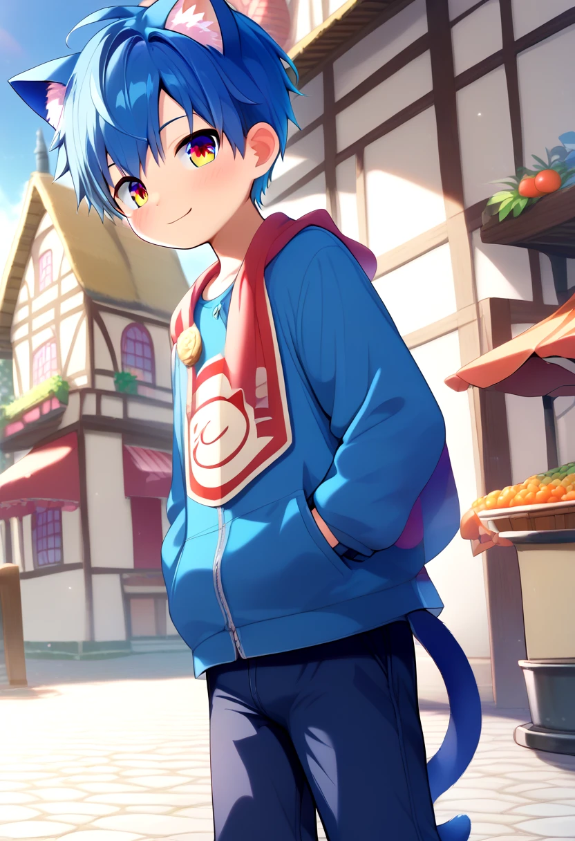 score_9, score_8_up, score_7_up, rating_safe, BREAK
straight on shot, standing,detailed eyes, village,
<lora:cutifiedanimecharacterdesign_variant_type_G_PonyXL_v10:1>, 1boy, type-g,  cat boy, blue hair,   long pants