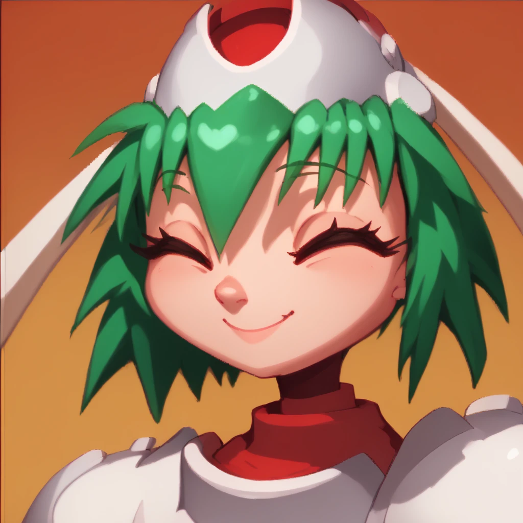 <lora:Marina Liteyears - PDXL - v1-step00002100:1> 1girl, solo, Marina_Liteyears, green hair, helmet, helmet_rutters, robot, small breasts, white and red armor, blurry, portrait, eyes closed, smile, happy, official, high resolution, source_cartoon, score_9, score_8_up, score_7_up,