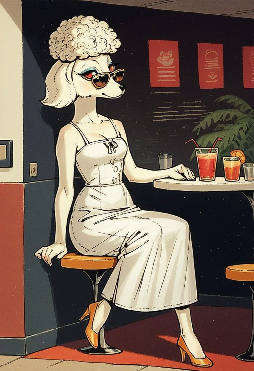 score_9_up, score_8_up, score_7_up, score_6_up, score_5_up, score_4_up, 1girl, solo, pet3na,  furry female, anthro poodle, white fur, red eyes, sunglasses, white sundress, high heels, animal ears, sitting in a cafe in paris, (realistic:1.2), (painted art:1.4)