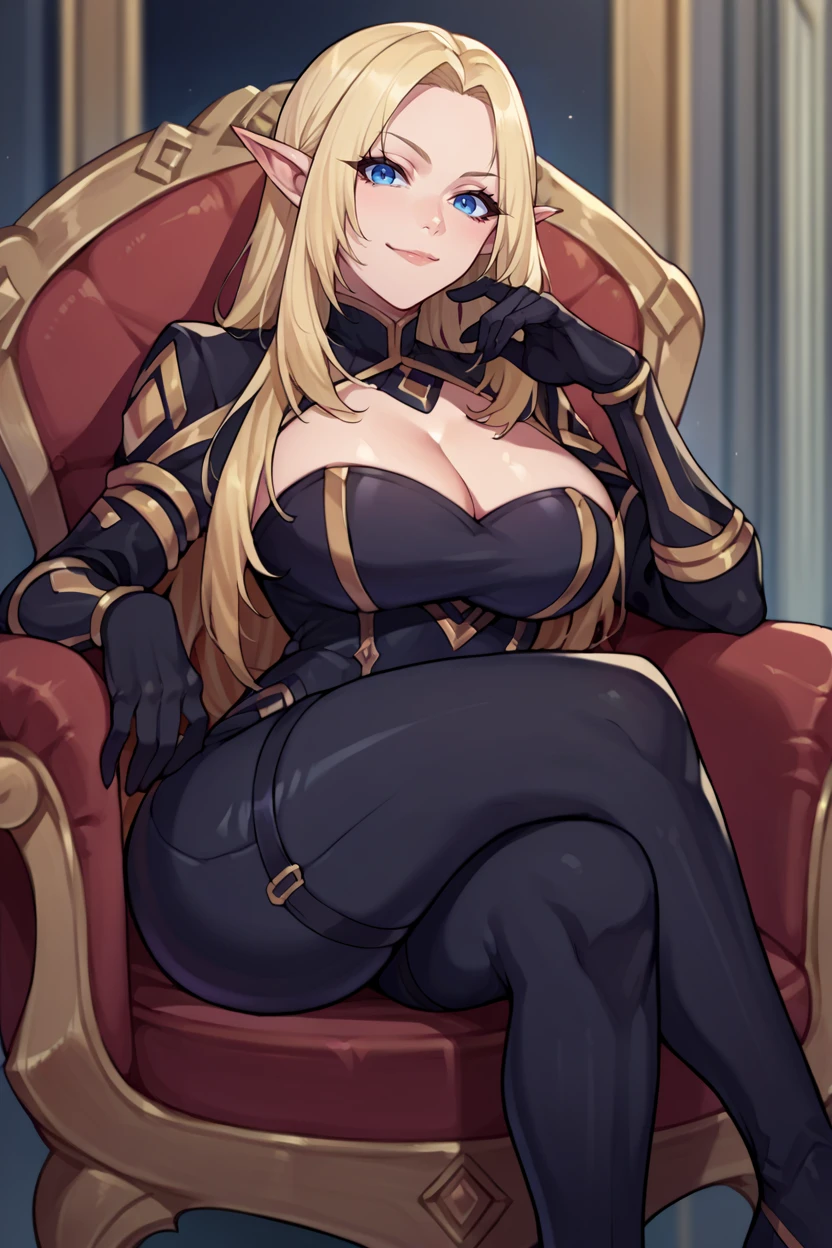 score_9, score_8_up, score_7_up, score_6_up, source_anime, 1girl, solo  <lora:alpha-pdxl-nvwls-v1-000005:1> alpha, blue eyes, blonde hair, pointy ears, black bodysuit, gold trim, cleavage cutout, black gloves, large breasts, sitting, fancy chair, chair, looking at you, crossed legs, smile