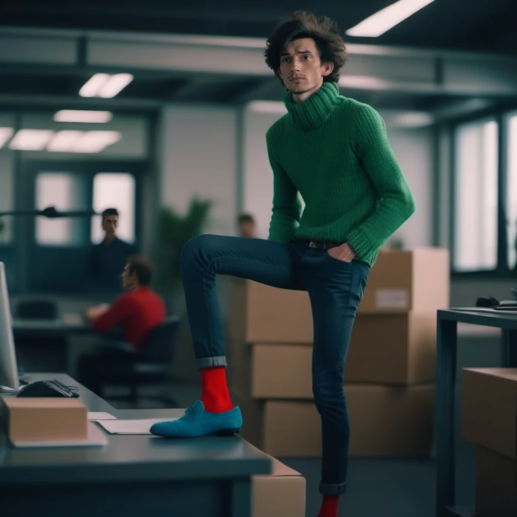 cinematic photo a skinny man, big head, black messy hair, green turtleneck sweater, denim pants, blue shoes, red socks, a grey seagull, in a office  <lora:Gaston1024:0.8> . 35mm photograph, film, bokeh, professional, 4k, highly detailed