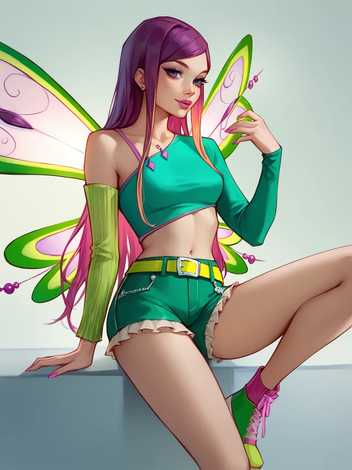 score_9, score_8_up, score_7_up, BREAK,  Roxy, 1girl, solo, long purple hair, green shirt with one with one sleeve, pink and green wings, green shorts, yellow belt, green and pink shoes  <lora:RoxyWinx:1>