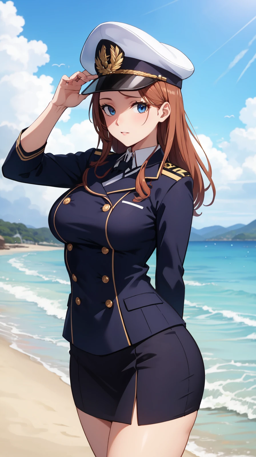 masterpiece,high quality,highres,orihime,breasts,calvage, navy uniform, on the beach, cap, ranked officer, posing, simle