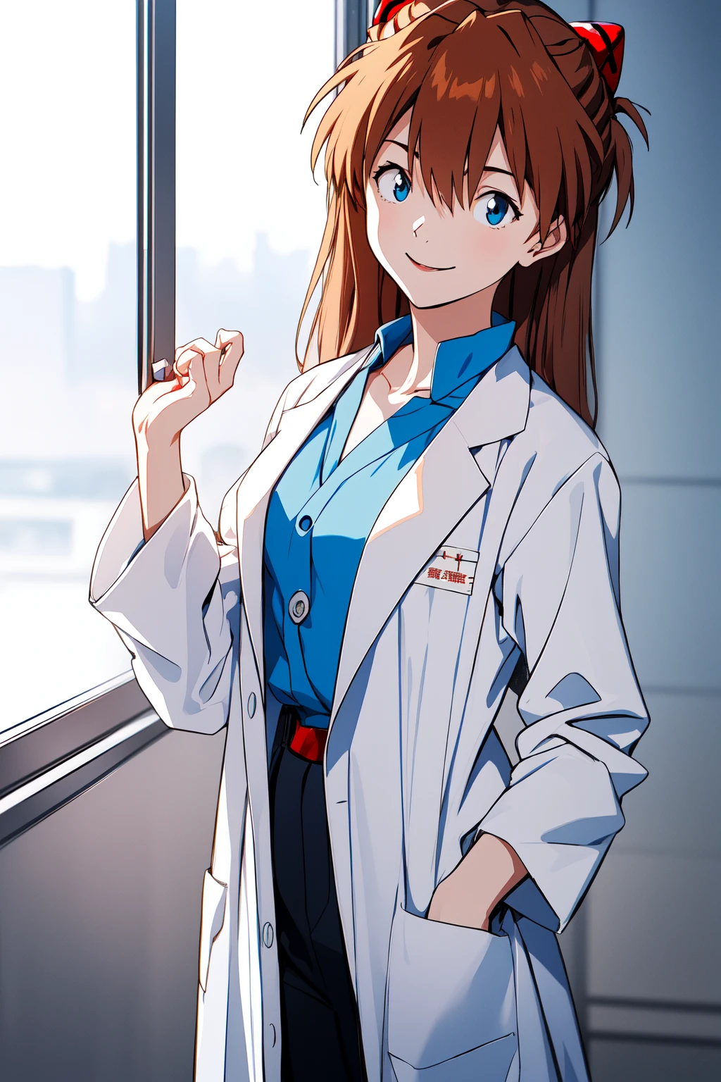 (RAW photo, best quality), 1girl,  natural lighting <lora:asuka_v1_2:0.9> ppasuka,  doctor's labcoat, smile, cowboy shot,