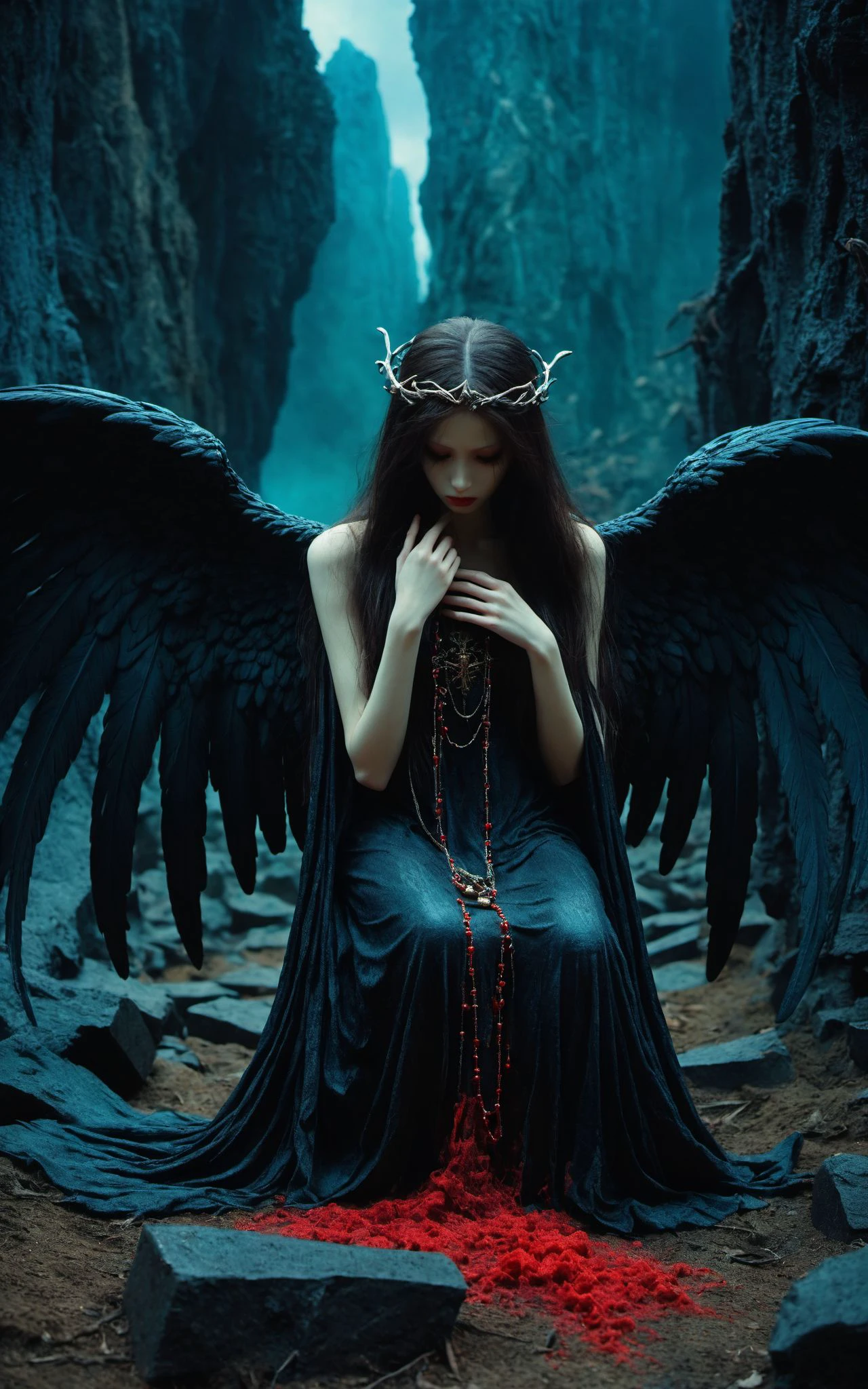 1girl,solo,long hair,looking at viewer,jewelry,
beauty and darkness. dead angel Laing,scary laree angel sculpture,
The death angel kingdom is a place of contrasts dark and red scary tension colours,where death consume landscape,otherworldly stillness,their peaks obscured by swirling mist,create a majestic backdrop for the kingdom. The air is heavy with an otherworldly stillness,broken only by the soft rustling of wings as death angels,tapestry of haunting beauty. Dark,delve into the depths of the death angel kingdom,exploring the themes of life,death,and the transcendence of the human spirit.sad,bad tension,broken scary sculpture,sculpture representing death and sorrow,scary tension,end of hopes,silence,extremely detailed,dark,sad,digital artwork by Beksinski,
pale complexion,film grain texture,analog photography aesthetic,visual storytelling,dynamic composition,
looking at viewer,eye contact,