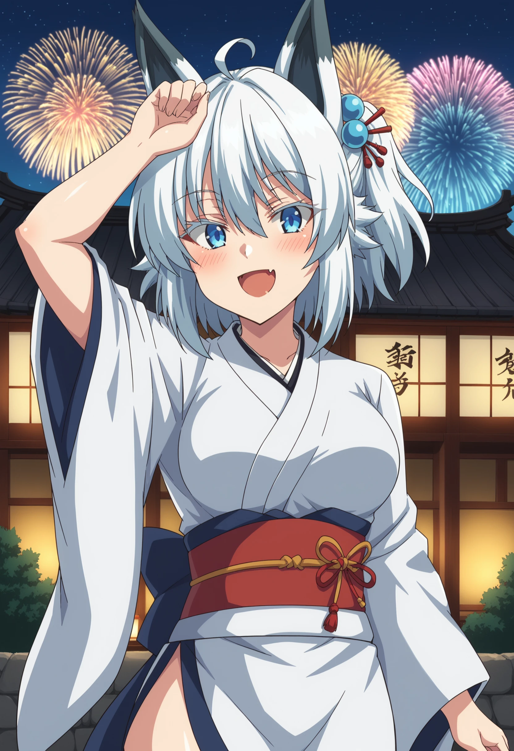 EBSetsuna, 1girl, solo, looking at viewer, blue eyes, hair ornament, animal ears, hair between eyes, ahoge, white hair, fox ears, anime coloring, medium breasts, thick thighs, east asian architecture, japanese clothes, kimono, white kimono, arm up, outdoors, night sky, fireworks, smile, open mouth, blush, monster girl, fang, upper body, cowboy shot, skin fang, 
 <lora:Setsuna:0.9> <lora:xl_more_art-full_v1:0.8>