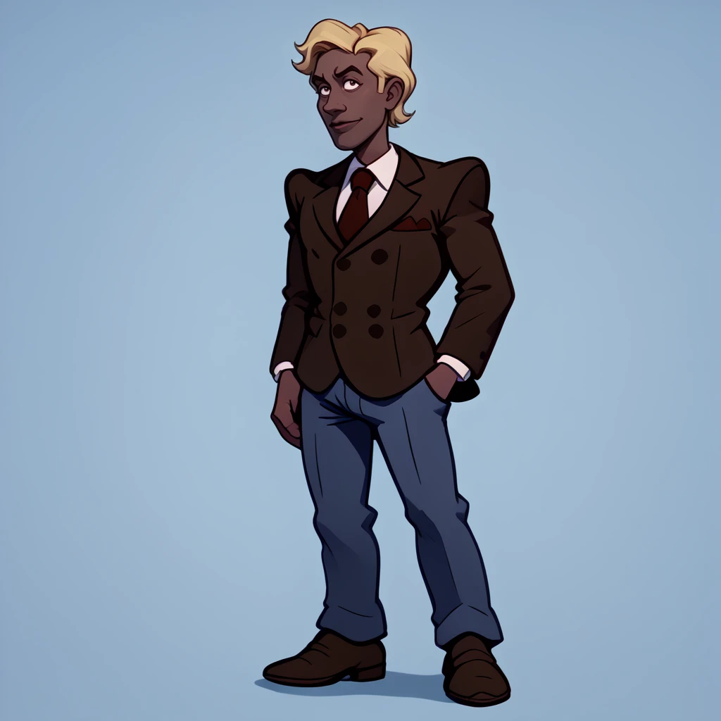 <lora:Jonathan_Kraskell_-_Rugrats_1992-10:1>1boy, blonde hair, red tie, green double button suit jacket, white shirt, shoulder pads, male focus, formal, suit, solo, necktie, parody, pants, brown footwear, shirt, jacket, dark skin, dark-skinned male,, source_cartoon, score_9, score_8_up, score_7_up,