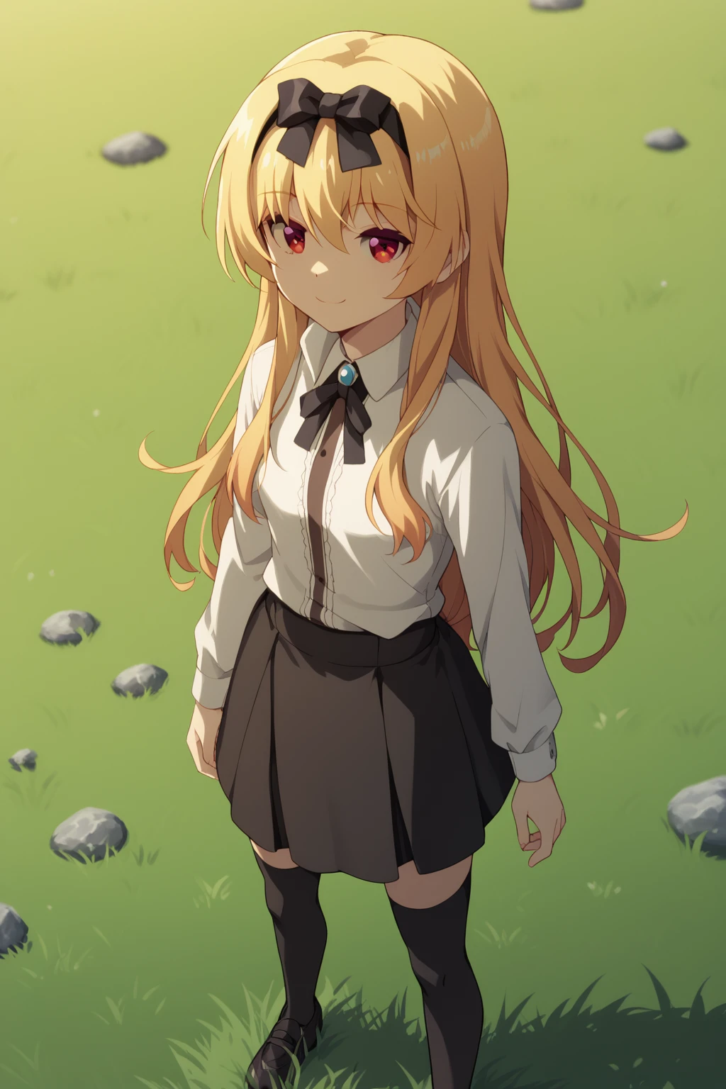 Score_8_up, score_7_up, Score_9, BREAK 1girl, solo, yue, white shirt, black skirt, black thighhighs, neck ribbon, hairbow, black hairband, light smile, looking at viewer, standing, grass, lake<lora:EMS-407240-EMS:1.000000>