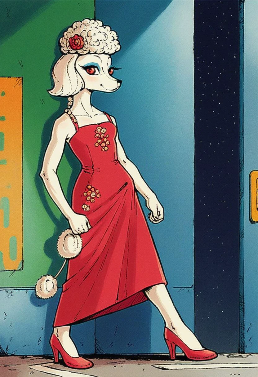 score_9_up, score_8_up, score_7_up, score_6_up, score_5_up, score_4_up, 1girl, solo, pet3na,  furry female, anthro poodle, white fur, red eyes, fashionable 1960s dress, high heels, animal ears, walking down a city street, (realistic), (painted art:1.2)