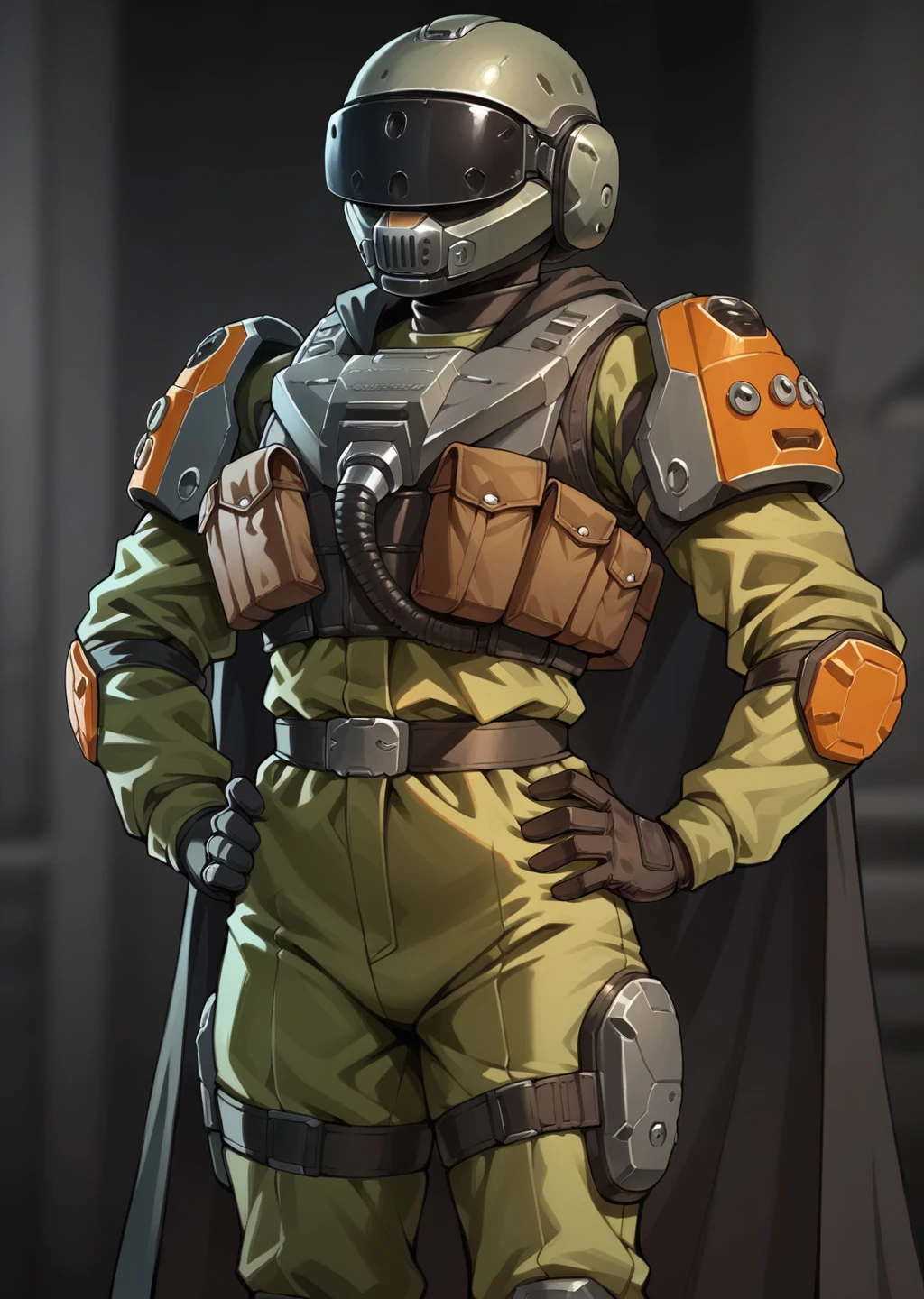 <lora:SC-37_Legionnaire_from_Helldivers_2_Pony:0.6>, digital art, hands on hips, looking at viewer, frontal shot,
solo, female, helmet, armor, tactical vest, gloves, olive bodysuit, orange ornament, shoulder armor, faceless, grey helmet, black visor, cape,, BREAK score_9, score_8_up, score_7_up, score_6_up, score_5_up,