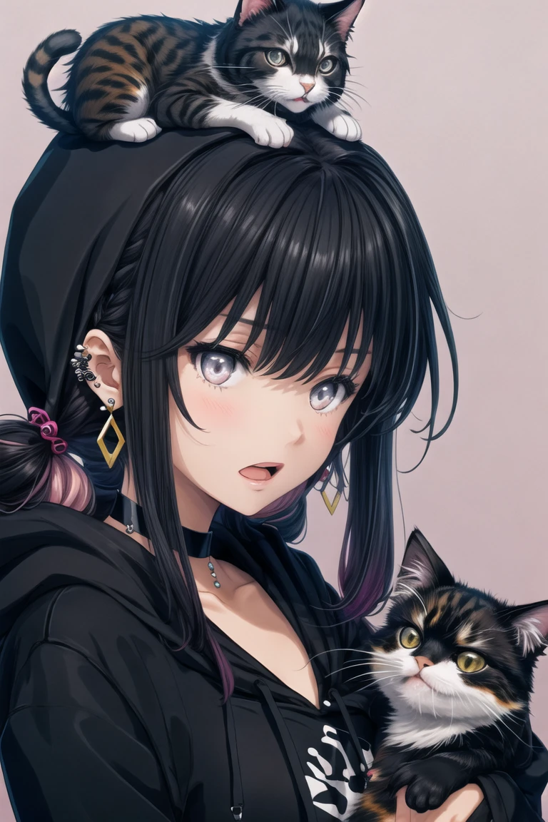 1girl,on head,cat,animal on head,multicolored hair,choker,twintails,black hair,open mouth,hood,cat on head,pink hair,white background,simple background,piercing,bangs,black choker,solo,upper body,two-tone hair,animal,ear piercing,hoodie,black hoodie,hood down,long hair,jewelry,grey eyes,earrings,,