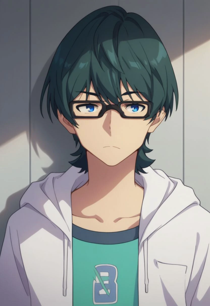 score_9, score_8_up, score_7_up, source_anime, highly detailed, 
utsumi, 1boy, male focus, solo, glasses, blue eyes, upper body, green hair,
indoor, hoodie,k hood, pants,