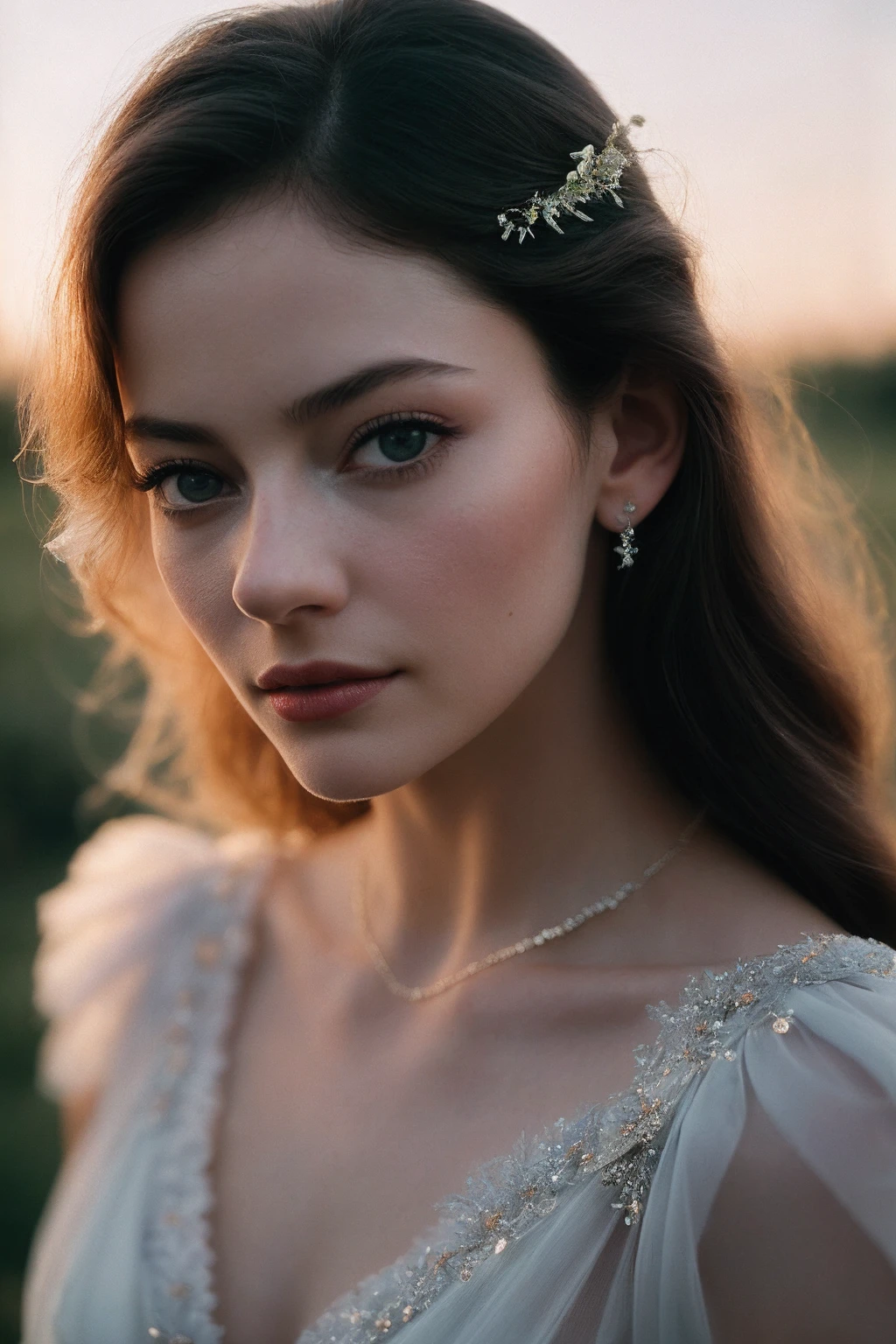 MackenzieF_SoloTI_v1,
(In a flowing dress of soft lilac chiffon, adorned with delicate lace and adorned with sparkling crystals, for a dreamy and enchanting look), (Amidst a field of wildflowers in full bloom, where the gentle breeze carries the scent of lavender and the song of birds fills the air, a sense of purity and innocence surrounds the ethereal figure of Lilies:1.3), (seductive:1.3),(analog, cinematic, film grain, hazy atmosphere, cinematic shot:1.3),, PA7_Portrait-MCU