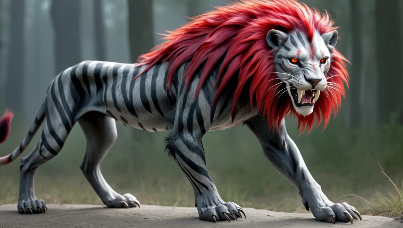 <lora:artfullyCSTALK_SDXL_V1:1.0>, Crimson Mane Stalker: A predator with a lion's build, sporting a striking red mane that flows like fire. Its fur is dark gray with silver stripes that catch the moonlight. The creature's teeth are long and sharp, glinting with a metallic sheen, 4 paws, hyperrealism