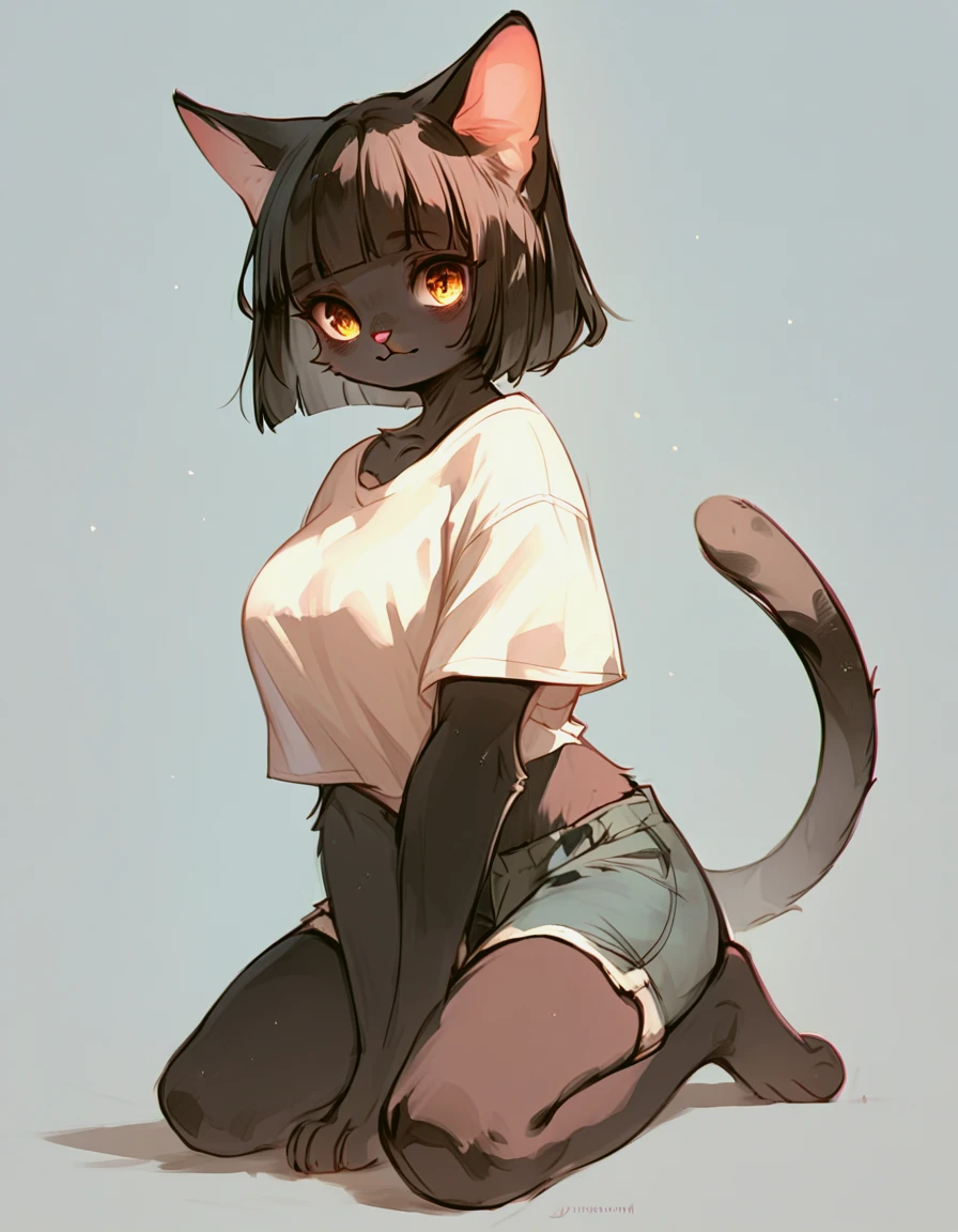 score_9, score_8_up, score_7_up, score_6_up, score_5_up, score_4_up,source_furry,

cute black furry cat female,
animal nose, detailed eyes, golden eyes,
short hair, blunt bangs, black hair, black fur, black skin, fluffy fur, cat tail,

shirts and short pants,

large breasts, navel,

full body, looking at viewer,leaning forword,

simple background, light clear pastel color,