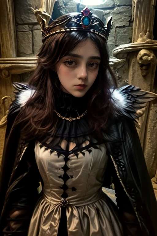 dark fantasy, gothic, ((masterpiece)), closeup, best quality instagram photo of a girl, solo, in a castle, queen, wearing a crown and a dress, intricate, (cold light:1.4),  dark ambient <lora:angelarochistav1:1> angelarochistav1