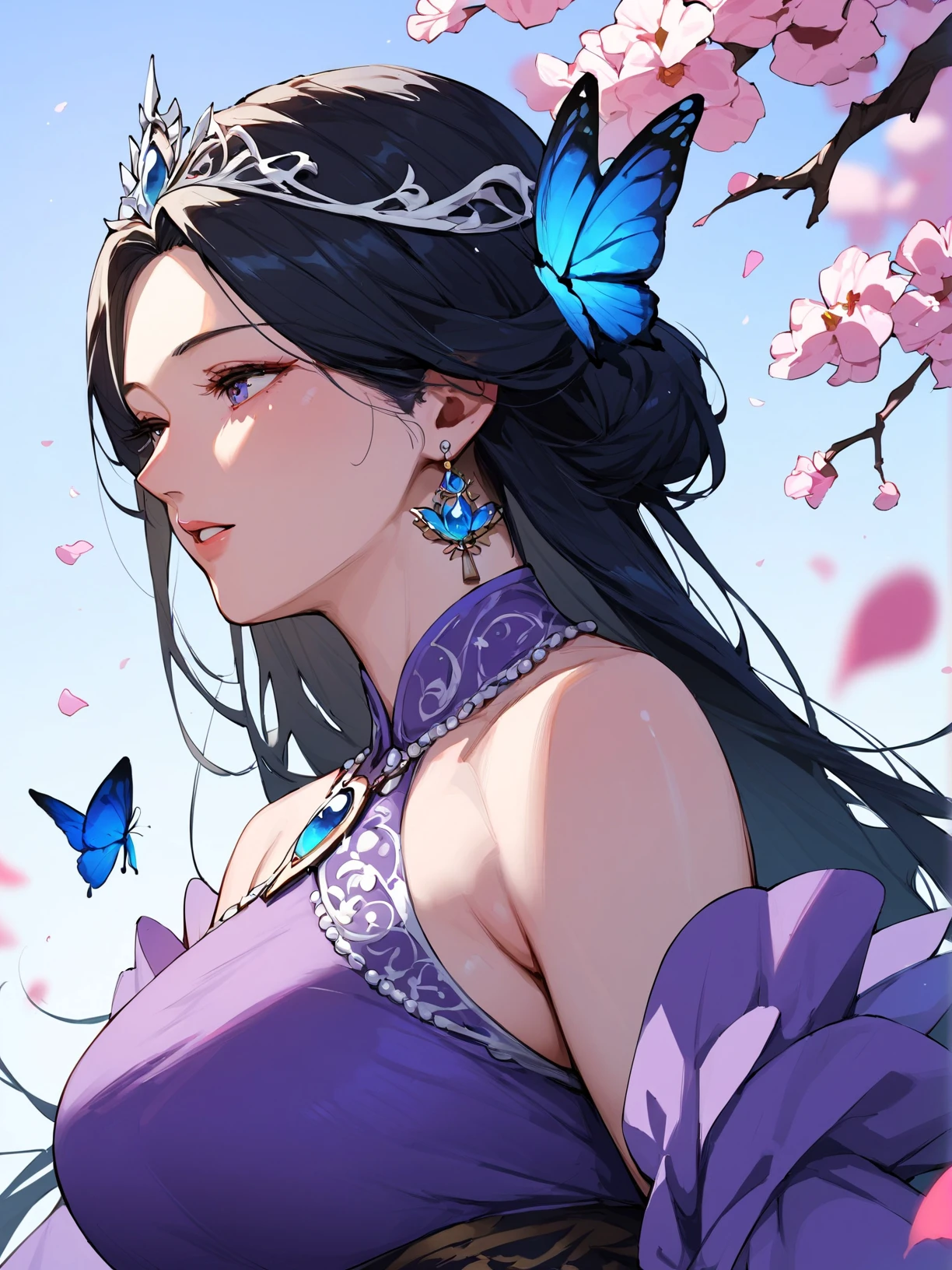 1girl, solo, long hair, black hair, hair ornament, dress, jewelry, bare shoulders, upper body, flower, earrings, parted lips, bug, tiara, butterfly, purple dress, branch, falling petals, sensitive,(mature female),score_9,score_8_up,score_7_up,score_6_up,score_5_up,score_4_up,