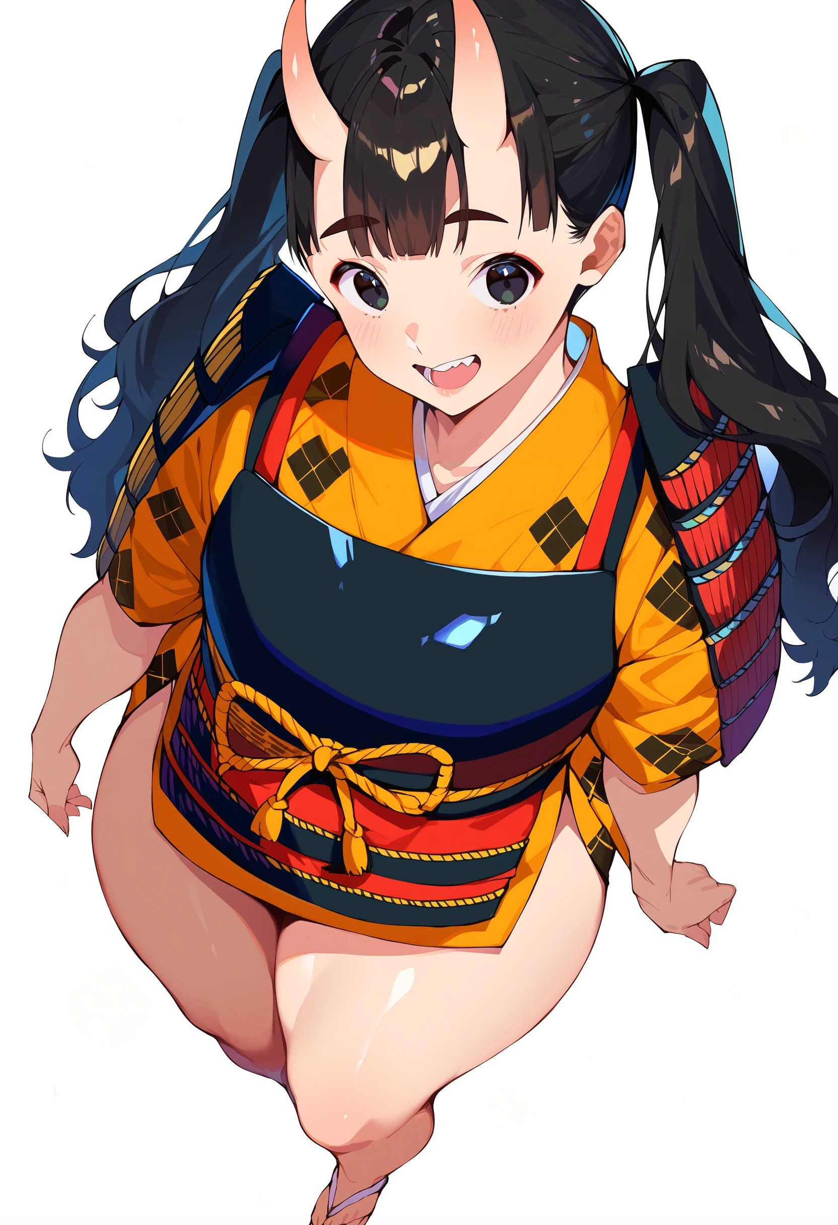 score_9,score_8_up,score_7_up,score_6_up, source_anime,
inutade, inutade original outfit, 1girl, solo, long hair, black hair, dungeon meshi, twintails, thighs, oni horns, japanese clothes, black eyes, armor, thick thighs, oni, japanese armor,
looking at viewer, blush, smile, open mouth,
standing, from above, full body,
white background, simple background,
masterpiece, best quality, very aesthetic, absurdres
<lora:dungeon_meshi_collection_v23:1>