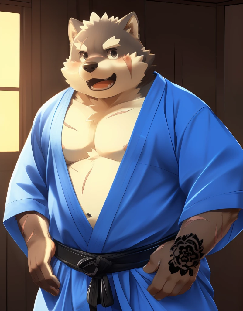 (((detailed eyes, detailed face))), (furry, moritaka <lora:character_moritaka_findigo_v2:1>, two-tone fur, dog boy, snout, black eyes, scar, tattoo on hand), male, (solo), (plump, fat, chubby, overweight), (blue yukata, happi), standing, (arms behind back), smile, (front view) BREAK (konzaburou, ukan_muri), bedroom, (flat shading, high brightness), 8k, UHD, masterpiece, (full body), (scar on face, scar on cheek, scar on chest, scar on arm, scar on nose)