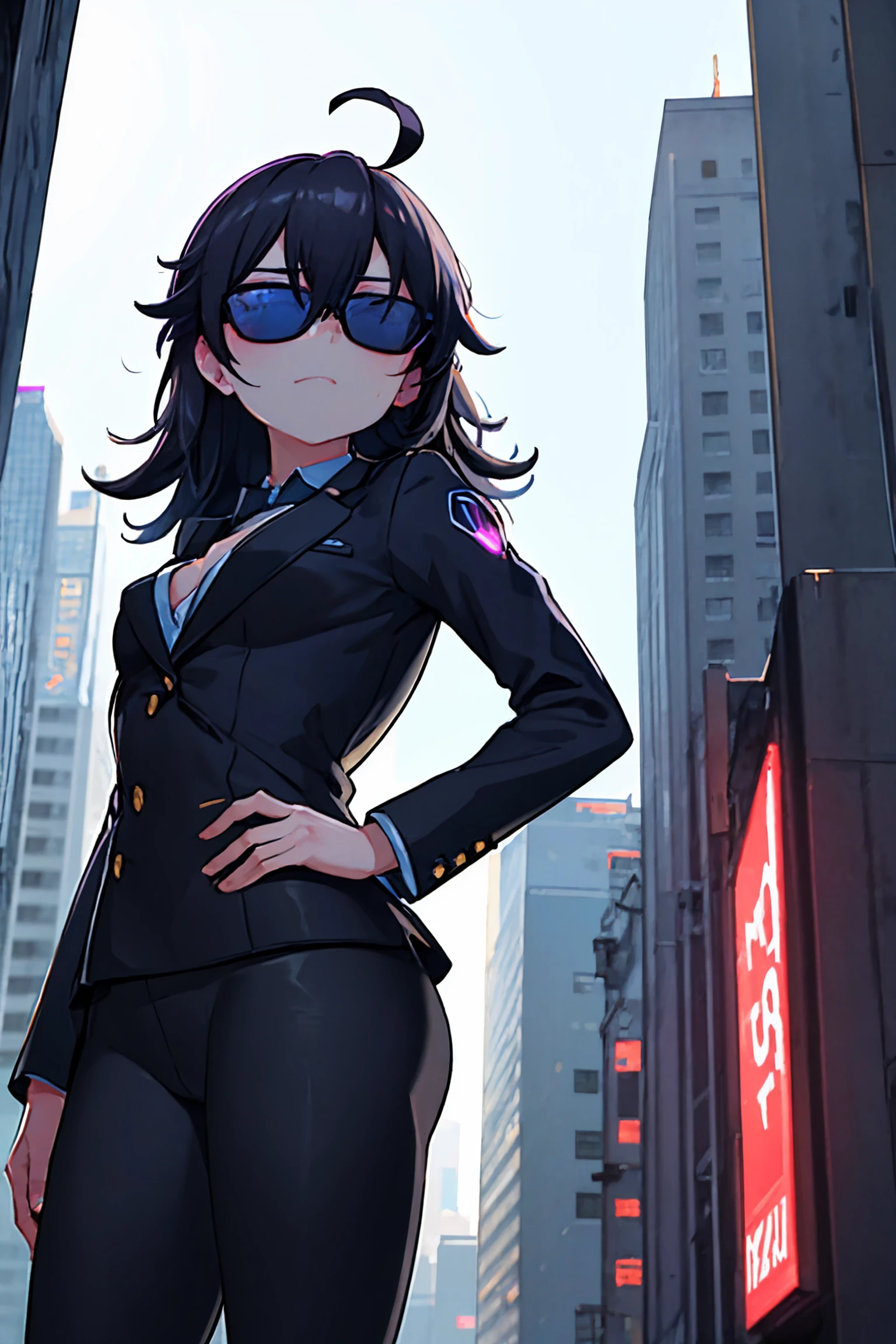 absurdres, high detail, 4k,
outdoors, city, skyscraper, cyberpunk city, neon sign, cowboy shot,
standing, adjusting eyewear, serious,
kamisaman, ahoge, sunglasses, covered eyes, black suit, office lady, small breasts,
<lora:MGCM-kamisaman-t1:0.8>