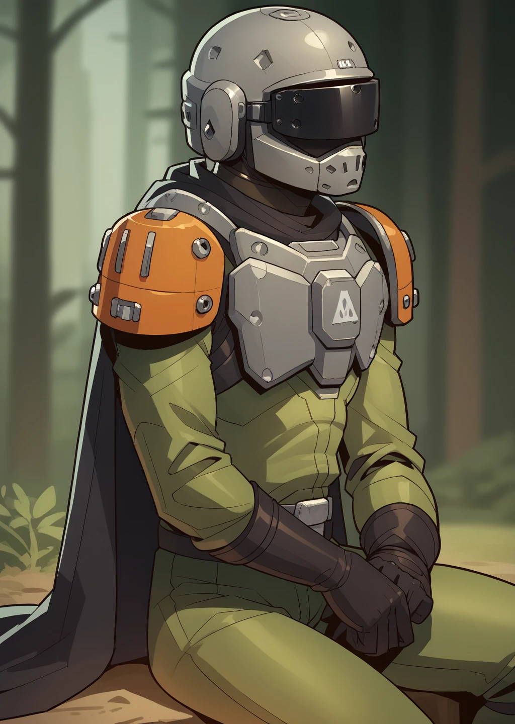 <lora:SC-37_Legionnaire_from_Helldivers_2_Pony-000003:0.6>, realistic, masterpiece, sitting, forest background, from side, looking ahead,
solo, male, helmet, armor, gloves, olive bodysuit, orange ornament, shoulder armor, faceless, grey helmet, black visor, cape,
 <lora:balsamique-guy-PONYv1:1>, BREAK score_9, score_8_up, score_7_up, score_6_up, score_5_up,