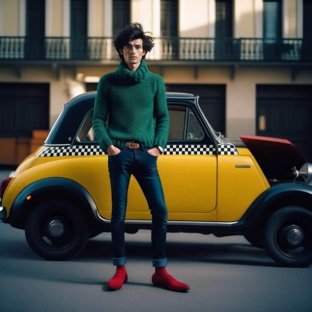 cinematic photo a full body portrait of skinny man, big head, black messy hair, green turtleneck sweater, denim blue pants, blue shoes, red socks, in front of a vintage 20s Fiat 509 yellow and black taxi  <lora:Gaston1024:0.8> . 35mm photograph, film, bokeh, professional, 4k, highly detailed