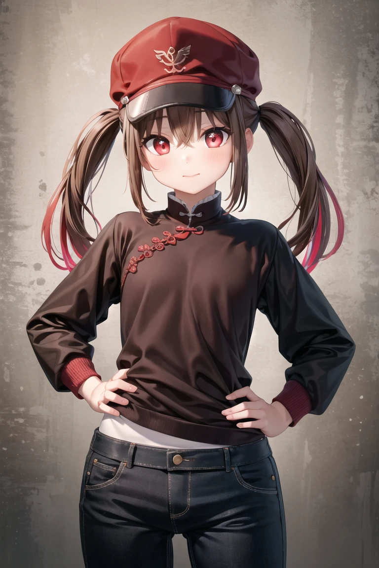 (best quality, masterpiece, RAW photo,ultra-detailed:1.2), (realistic), 1girl, solo, hands on hips, 
symbol shaped pupils, hat, (colorful red eyes:1.3), twintails, brown hair, symbol-shaped pupils, long hair, bangs, flower-shaped pupils, hair between eyes, chinese whale tail \(clothing\):1.2), pants,
<lora:uzunoki_tamaki-10:0.6:lbw=ALL>