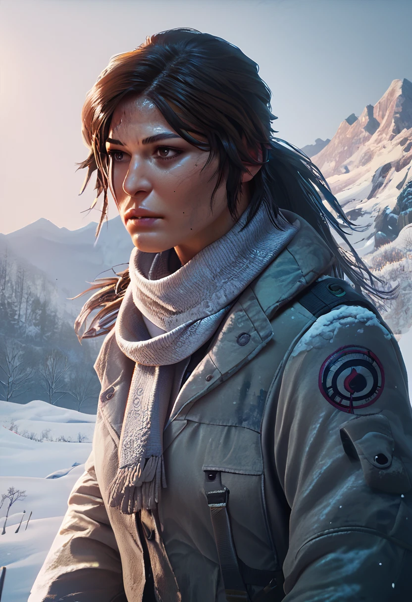 score_9, score_8_up, score_7_up, score_6_up, lara croft, upper body, trudging through snow, white scarf, coat, mountain <lora:LaraCroft:1>