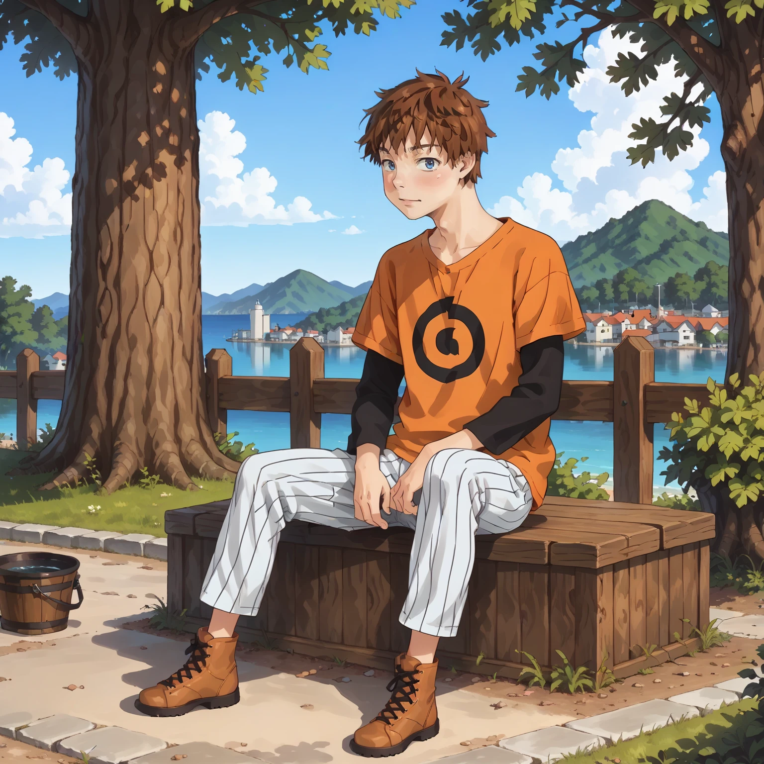<lora:kazuyakinoshitaXLpony002>,
solo,
kazuyakinoshita,1boy,brown hair,short hair,blue eyes,
orange shirt,short over long sleeves,black sleeves,
pinstripe pants,
realistic,outdoors,
full body,sitting,