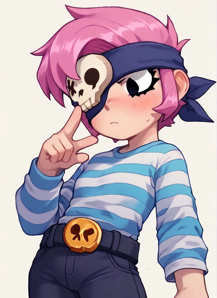 score_9, score_8_up, score_7_up,   <lora:bspenny:1> bspenny ,1girl , pink hair , short hair, black eye ,   bandana,  one eye covered ,  skull  ,hairband  , eyepatch,  , striped shirt, belt,black pants ,blush,  <lora:PossumMachine:1>posmach