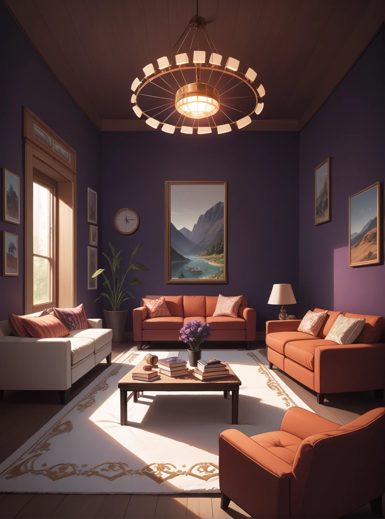 score_9, score_8_up, score_7_up, score_6_up, score_5_up, score_4_up, hud_lr_mdrn, no humans, couch, scenery, table, indoors, pillow, chair, book, lamp, cushion, living room, purple walls, white carpet, trippy paintings, <lora:hud_lr_mdrn_XLP:0.8>