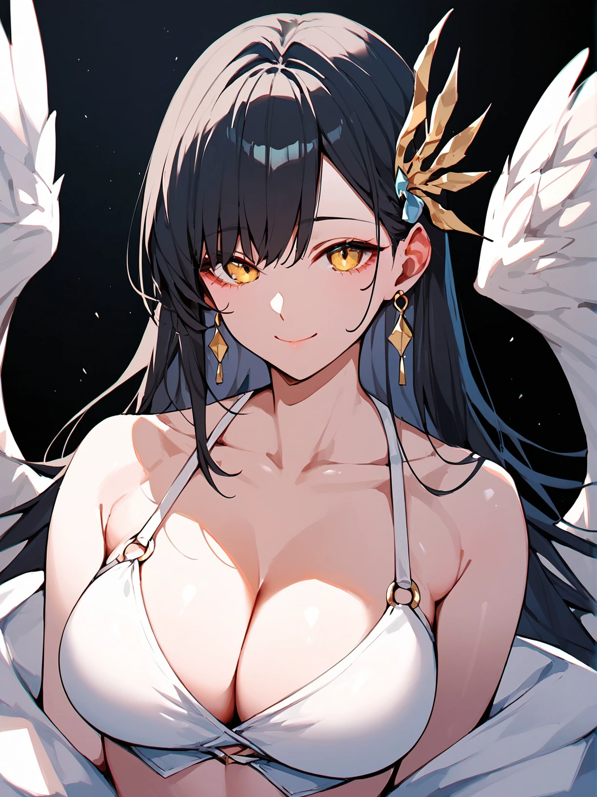 1girl,solo,long hair,looking at viewer,smile,large breasts,black hair,hair ornament,closed mouth,cleavage,jewelry,bare shoulders,collarbone,upper body,yellow eyes,earrings,wings,crop top,black background,sensitive,score_9,score_8_up,score_7_up,score_6_up,score_5_up,score_4_up,
