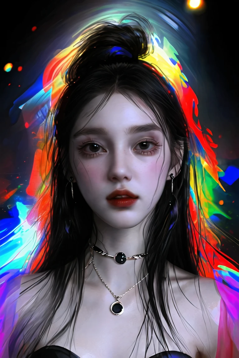 1girl, solo, jewelry, earrings, black hair, long hair, looking at viewer