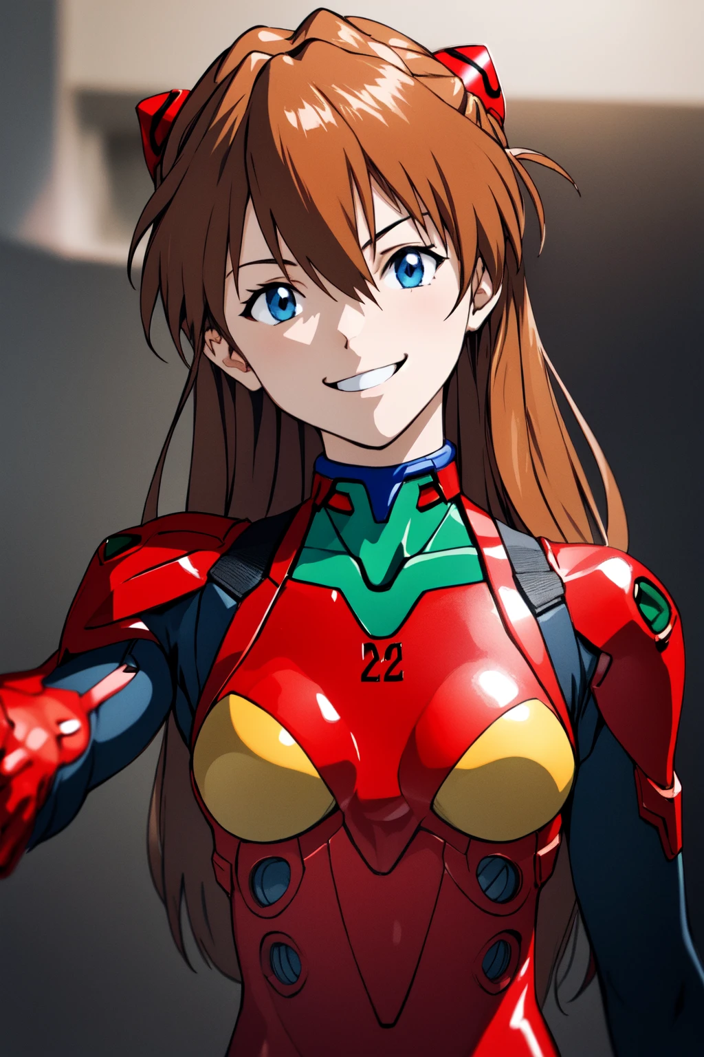 (RAW photo, best quality), 1girl,  natural lighting <lora:asuka_v1_2:0.9> ppasuka, plugsuit, smile,