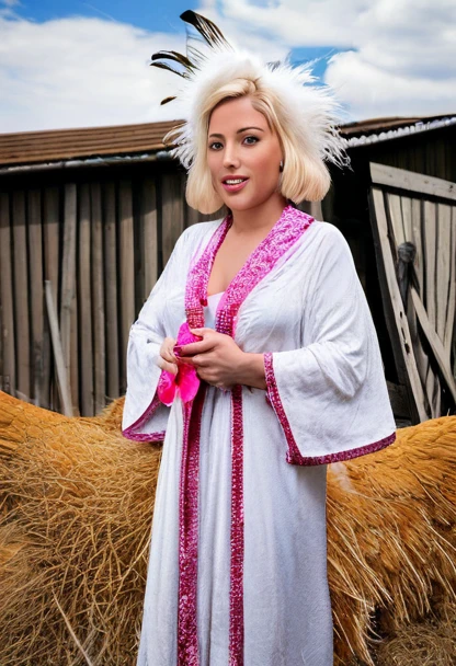 woman dressed in a robe with rooster feathers, she is in front of a barn, she has blonde hair with pink lips and pink mascara