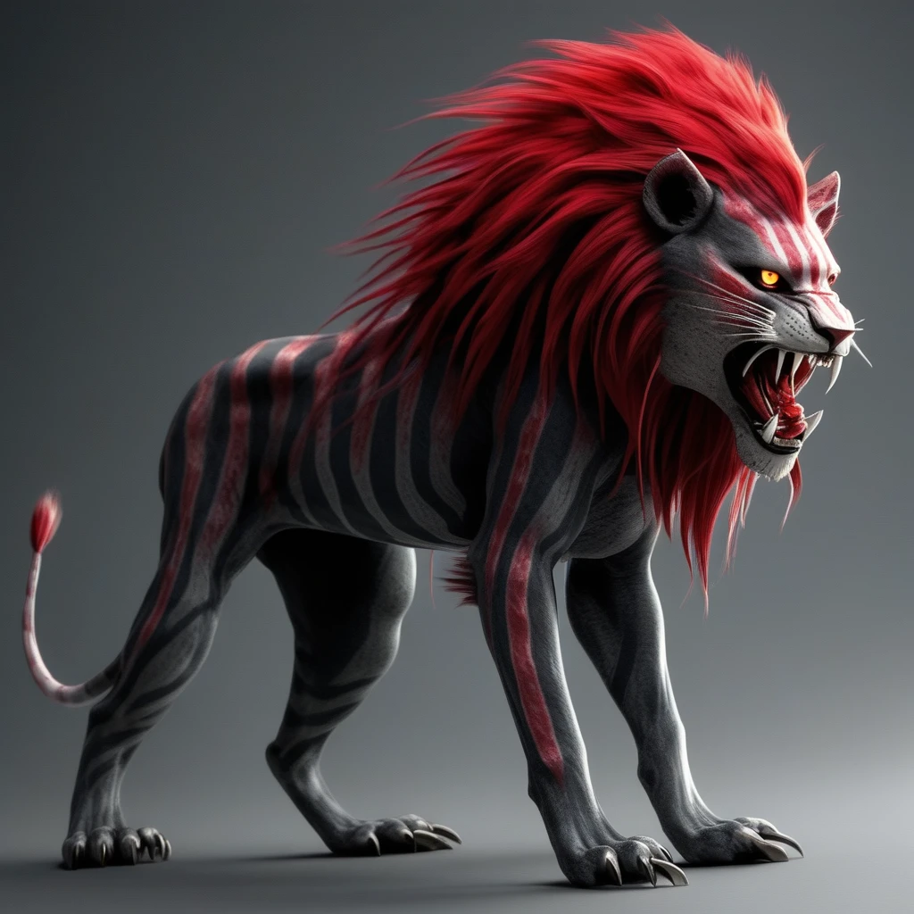 Crimson Mane Stalker: A predator with a lion's build, sporting a striking red mane that flows like fire. Its fur is dark gray with silver stripes that catch the moonlight. The creature's teeth are long and sharp, glinting with a metallic sheen.