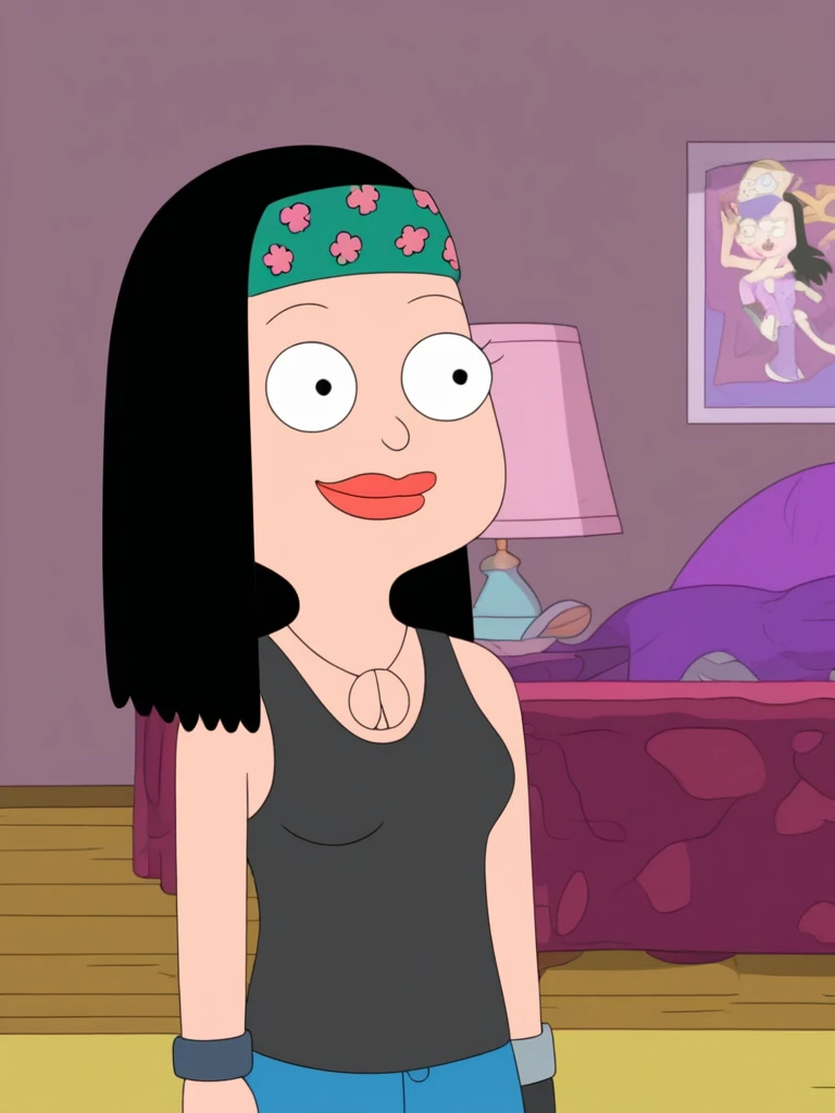 score_9_up,score_8_up,score_6,score_5,score_4, hayley, 1girl, black hair, long hair, solo, necklace, jewelry, tank top, headband, midriff, pants, sandals, belt, navel piercing, looking to viewer, smile, full body, toon \(style\), sitting on sofa, living room, sexy, spread legs, cameltoe, nipples, wet skin,