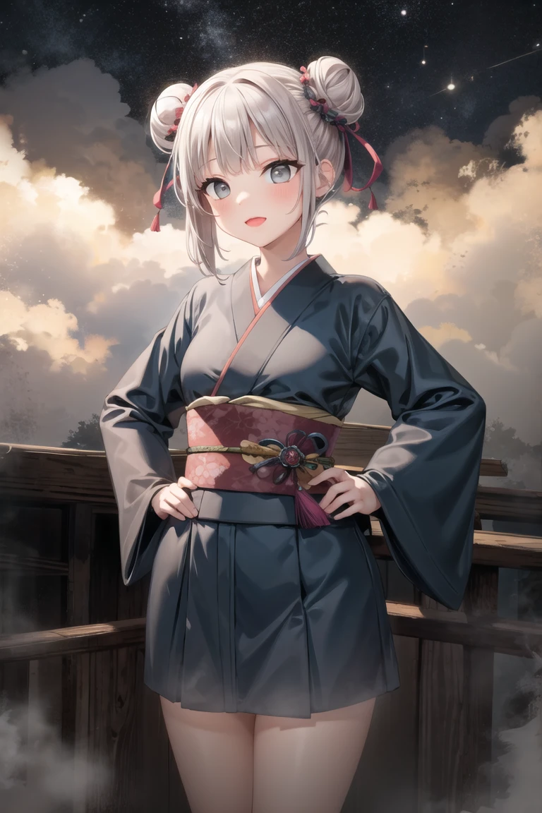 (masterpiece, best quality:1.2), 1girl, solo, cowboy shot,
on top of a building, at night, (heavy fog:1.3) and bright stars,
wearing a kimono,  hands on hips, 
lipstick, eyeshadow, (short hair:1.1), (double bun hair:1.1), (oily skin:1.1), 
<lora:uzunoki_tamaki-10:0.7:lbw=ALL>