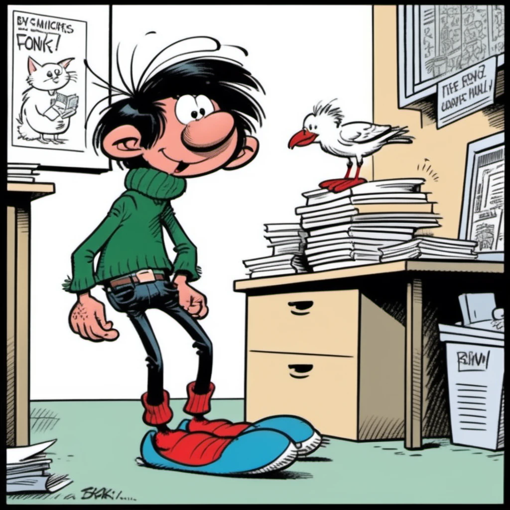 comic a skinny cartoon  man, big head,  black messy hair, green turtleneck sweater, denim pants, blue shoes, red socks, with a black and white cat, a seagull on the shoulder,  in a office  <lora:Gaston1024-000330:0.8> . graphic illustration, comic art, graphic novel art, vibrant, highly detailed