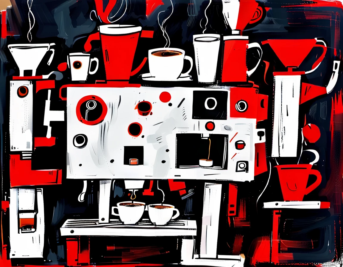 { coffee machine }, red white and black, modern abstract style 

