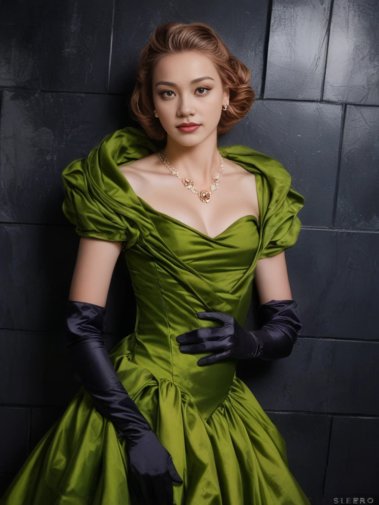 1girl, <lora:DA_CindKateDress_pony_v1:1> satin green dress, satin gloves, bolero, short sleeves, dark empty room, big black metal tiles wall, 
(score_9, score_8_up:1.1),score_7_up,score_6,raw photo, photorealistic, realistic, slim body, small breast, wide shoulder,