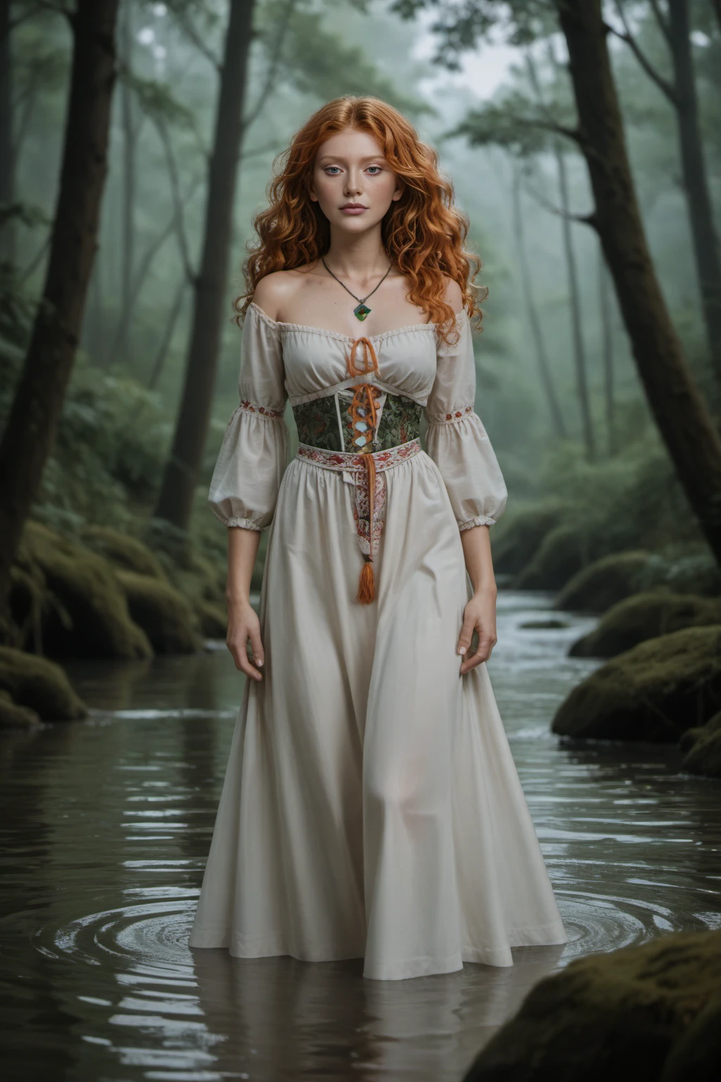 score_9,score_8_up,score_7_up woman, pale skin, orange hair, long hair, wavy hair, orange eyebrow, green eyes, necklace, clothes in white dress, standing on the water, river, water, dark forest background  <lora:tata pony:0.9> tatu